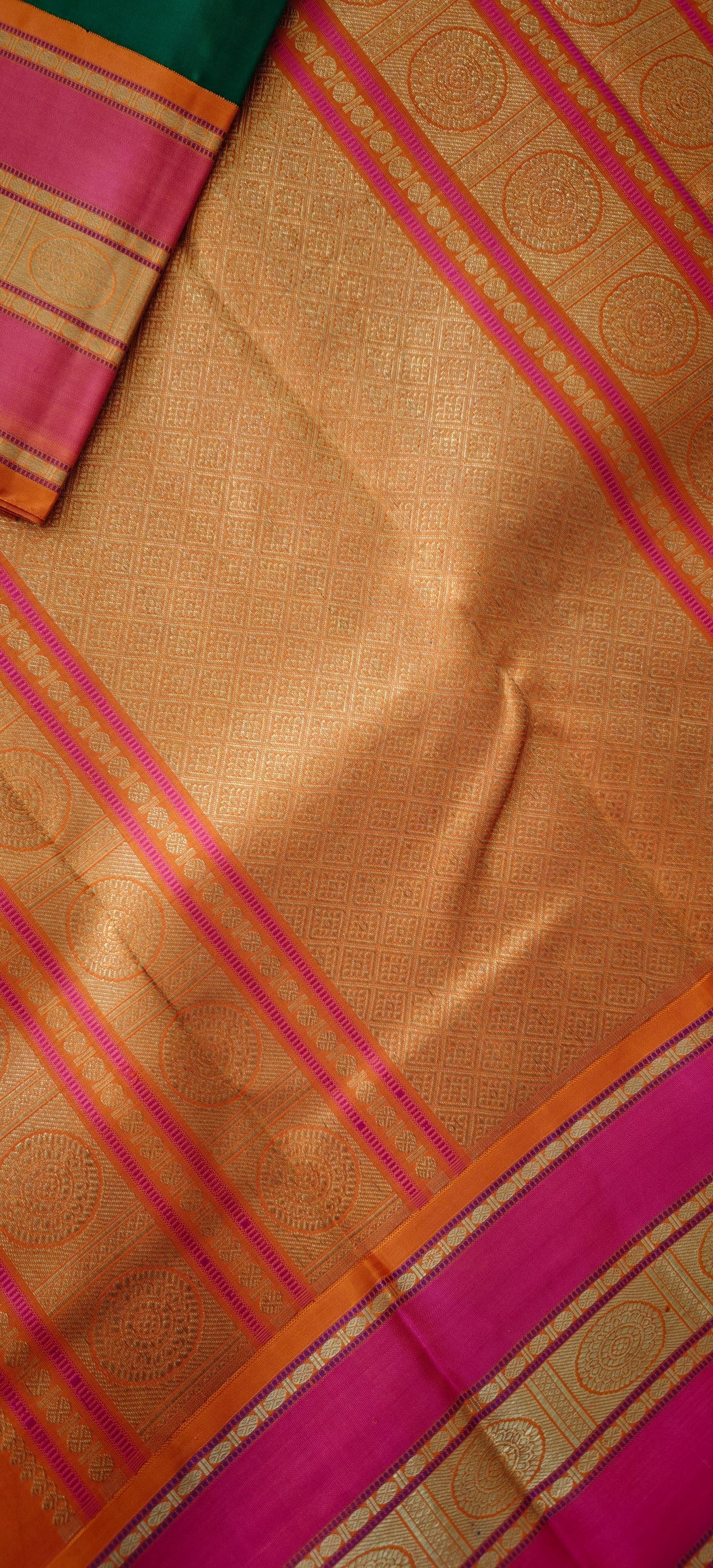 Green and Rani Pink  with Orange Kanjivaram Saree | 3-gram Zari
