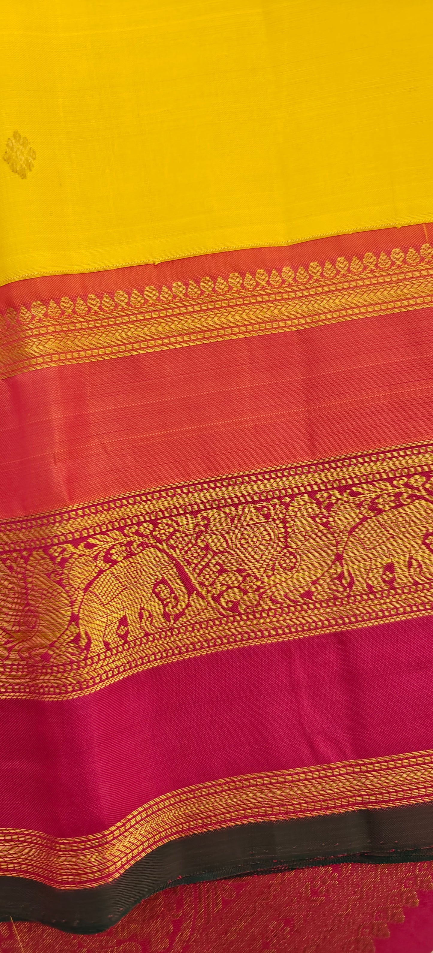Yellow with orange and pink korvai -Kanjivaram Silk Saree