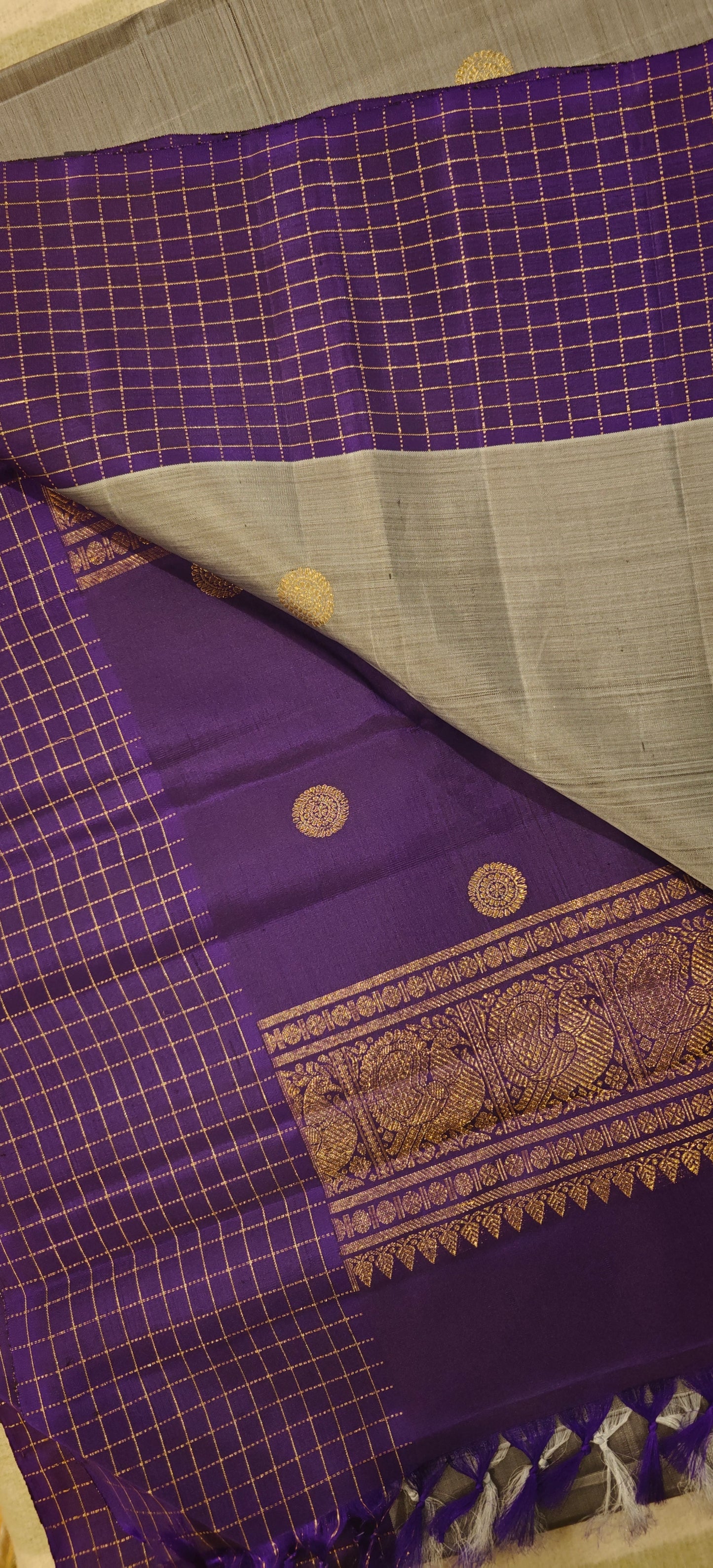 Grey body with green and violet Ganga Jamuna -Kanjivaram Silk Saree