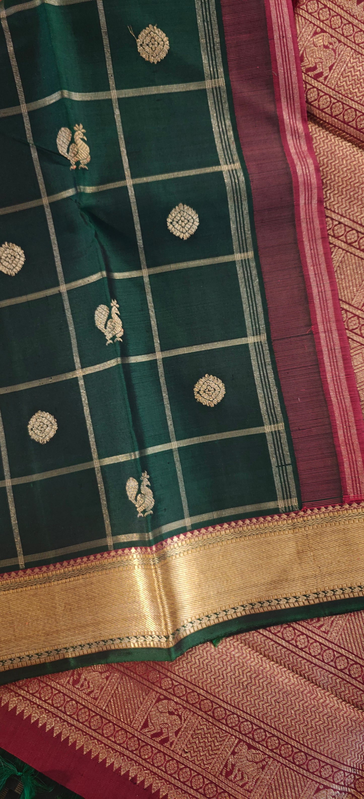 Bottle green and maroon kanjivaram silk saree