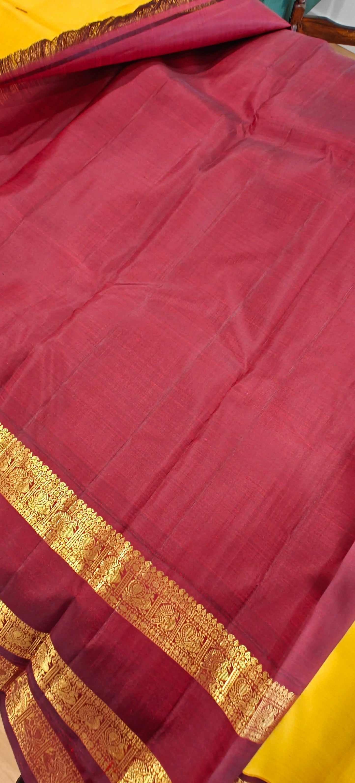Mustard and Deep Maroon -Kanjivaram Silk Sari