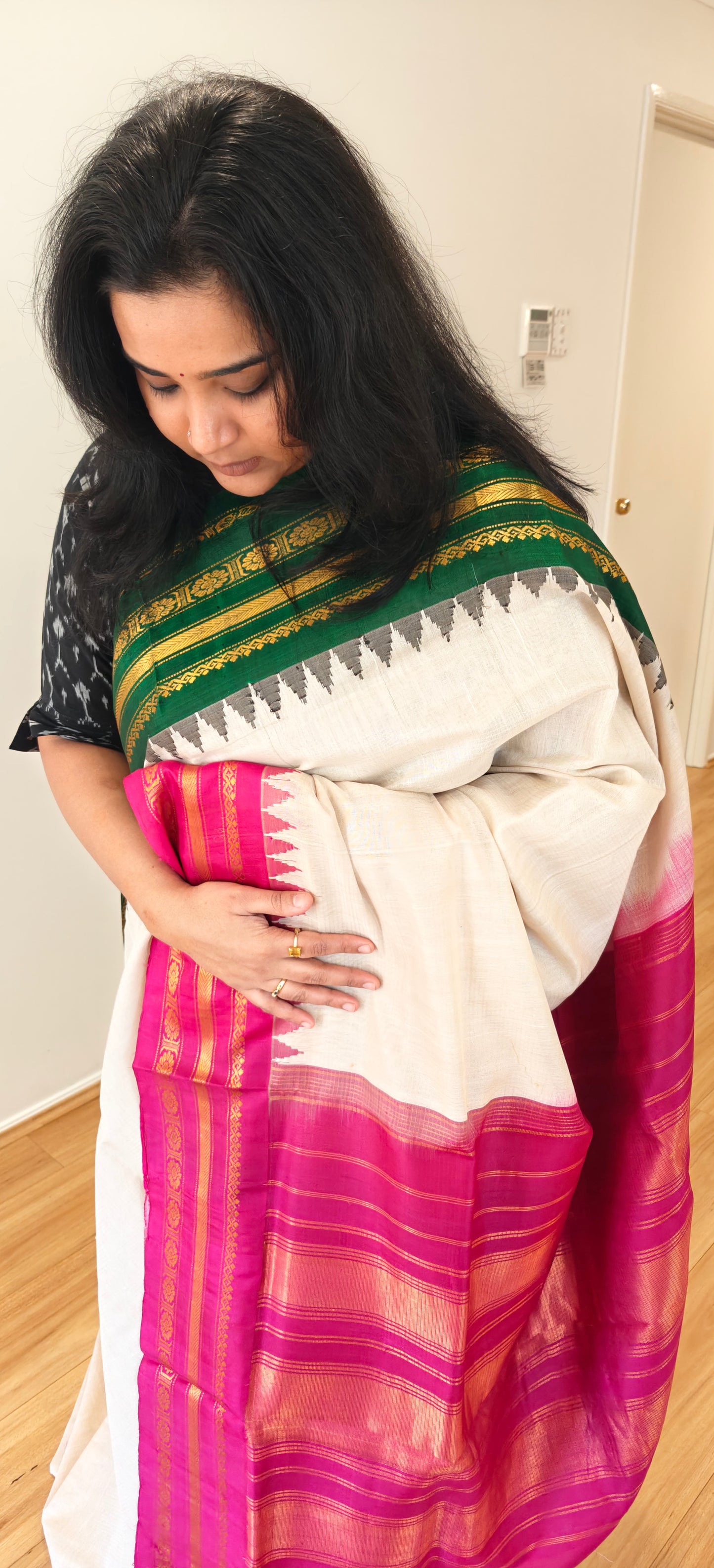Cream with Green and Pink Silk Cotton Gadwal saree
