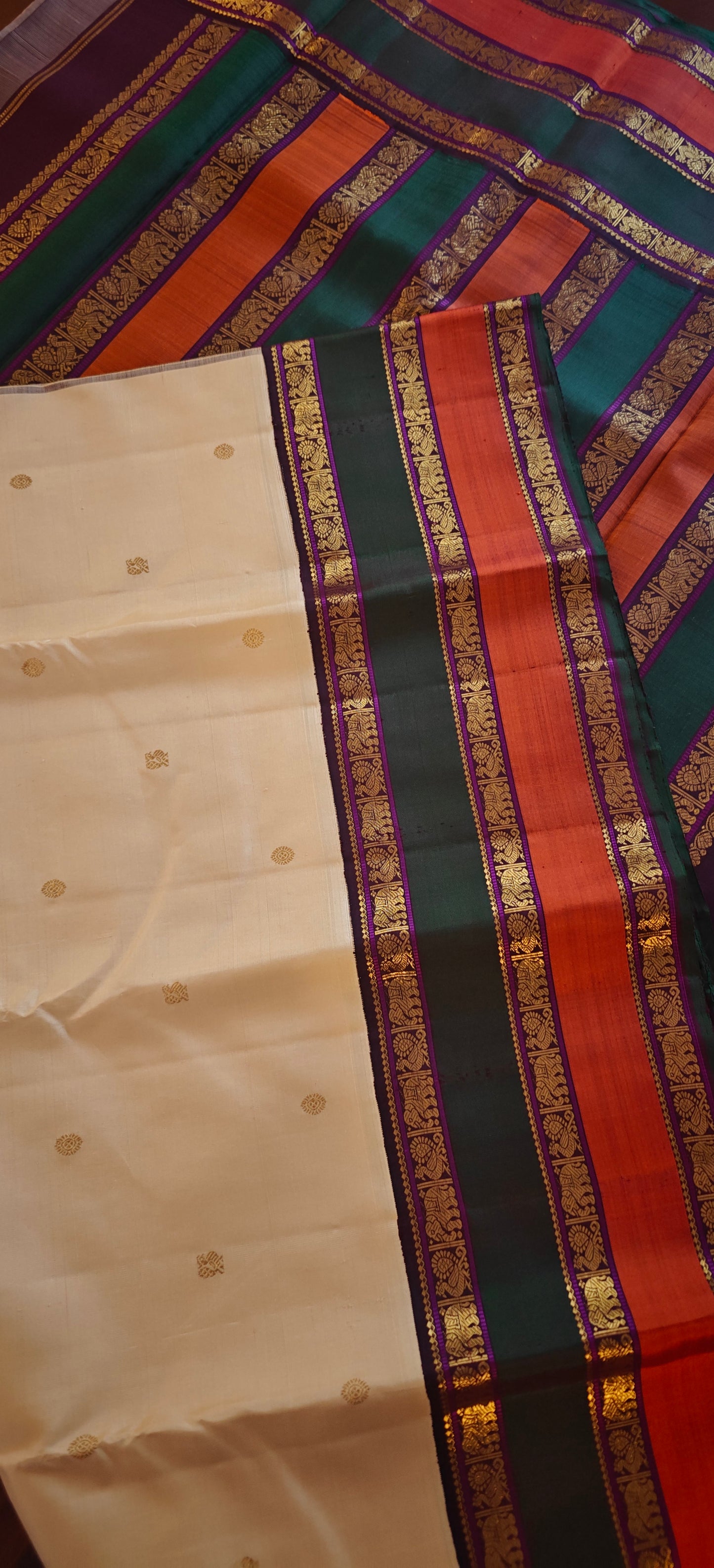 Sandal Color with green and rust Korvai kanjivaram