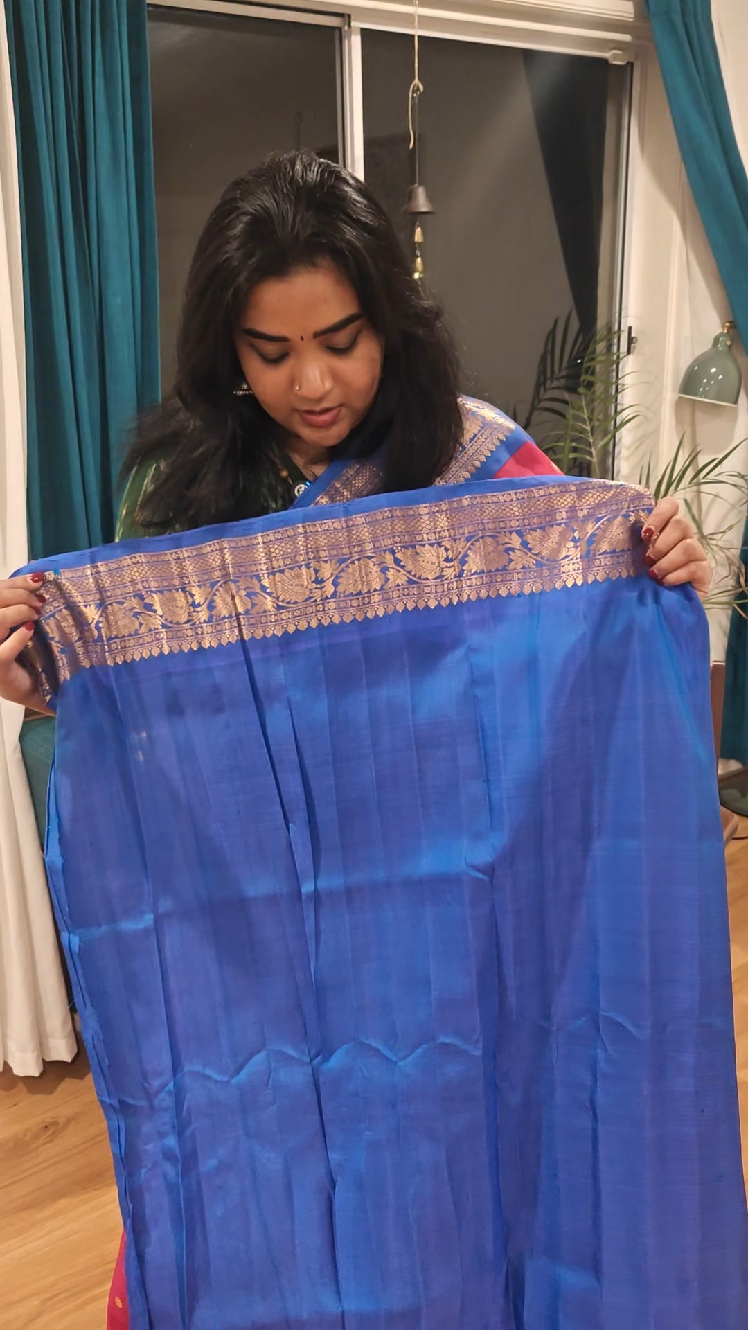Tomato Reddish pink and Blue Gadwal Silk Sari