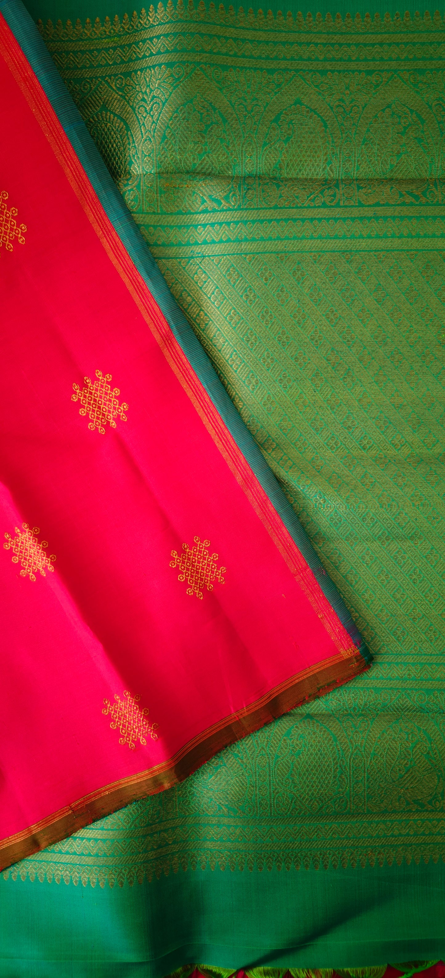 Pink and Blue Borderless Kolam Handwoven Kanjivaram Silk Sari