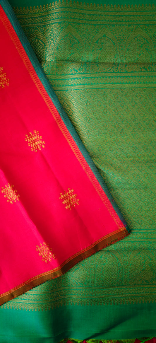 Pink and Blue Borderless Kolam Handwoven Kanjivaram Silk Sari