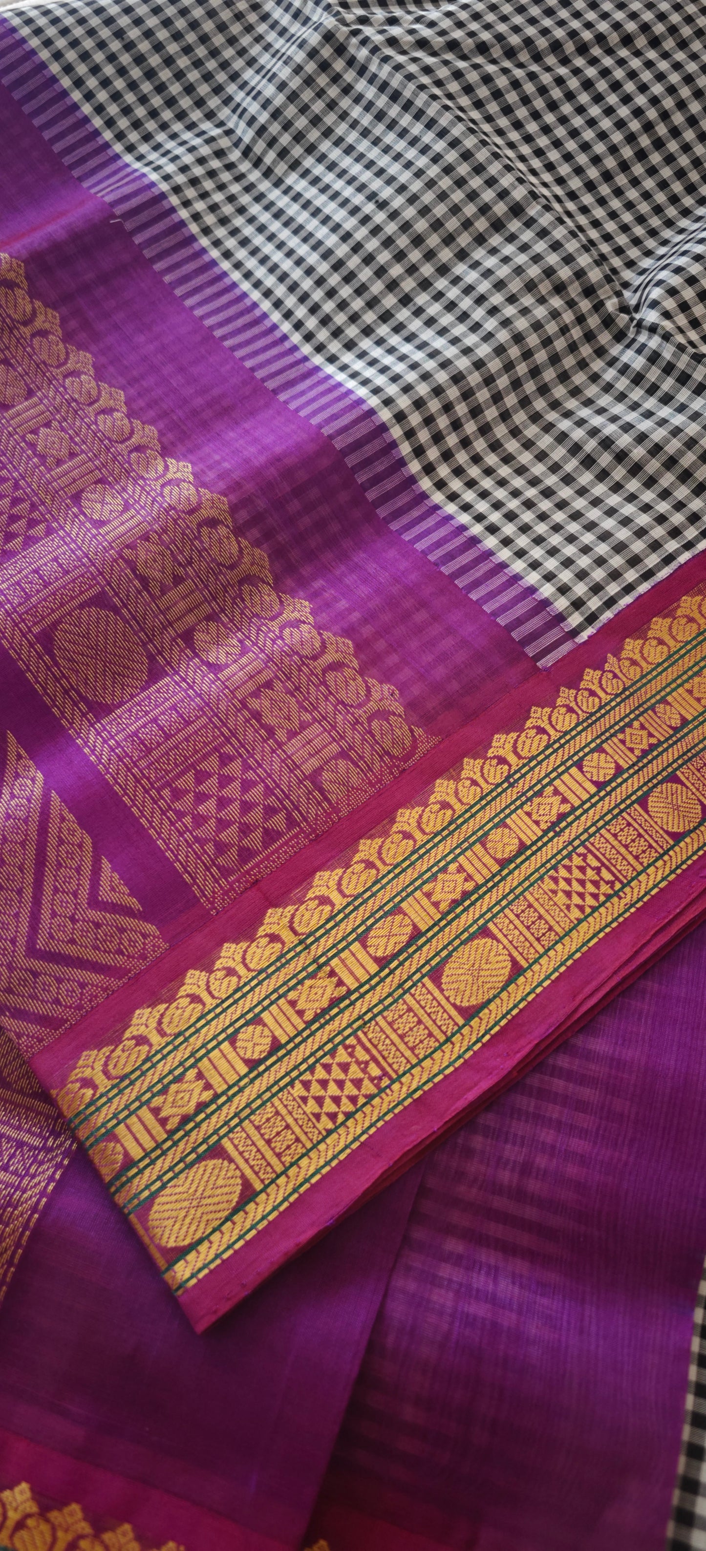 Black and white checks with purple  Kanjivaram silk cotton