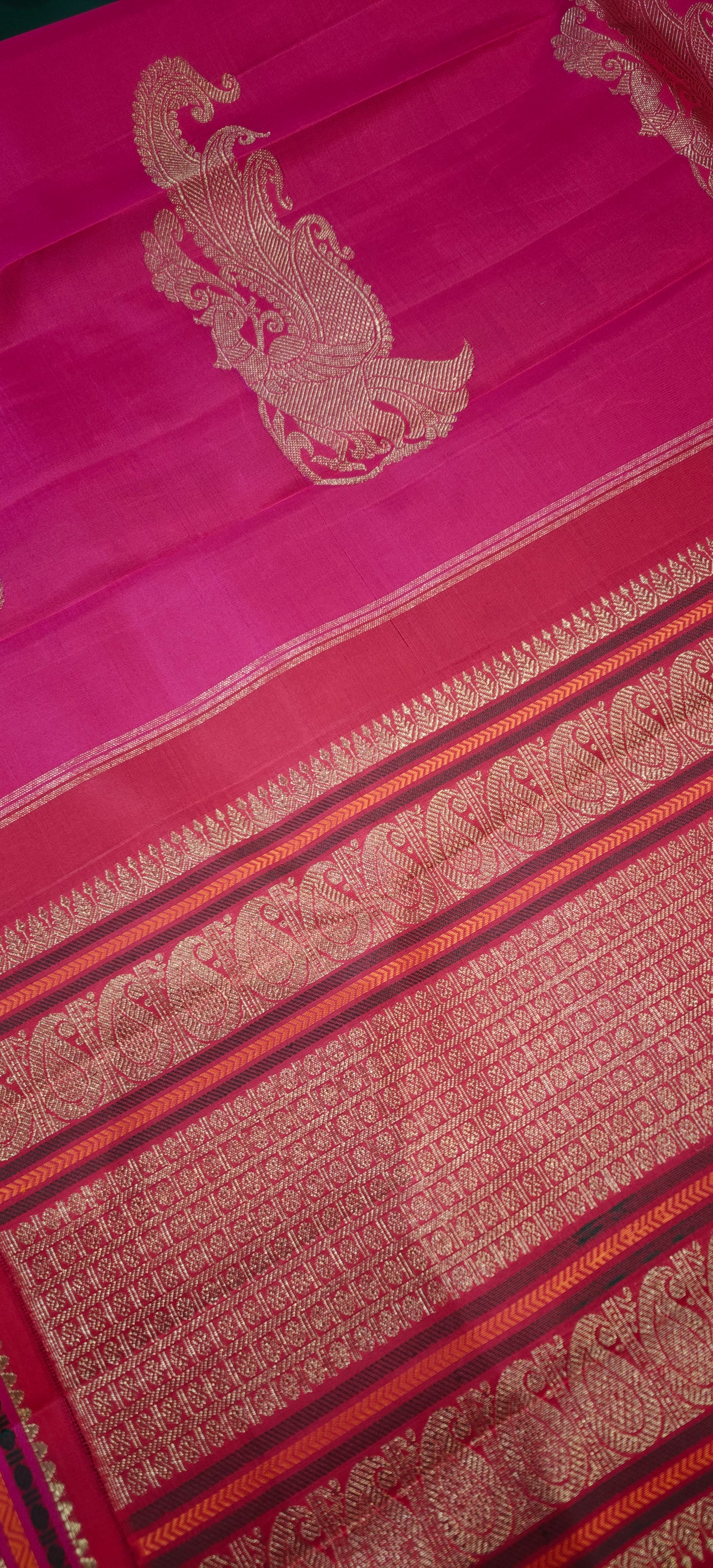 Blue kanjivaram with pink and red double pallu