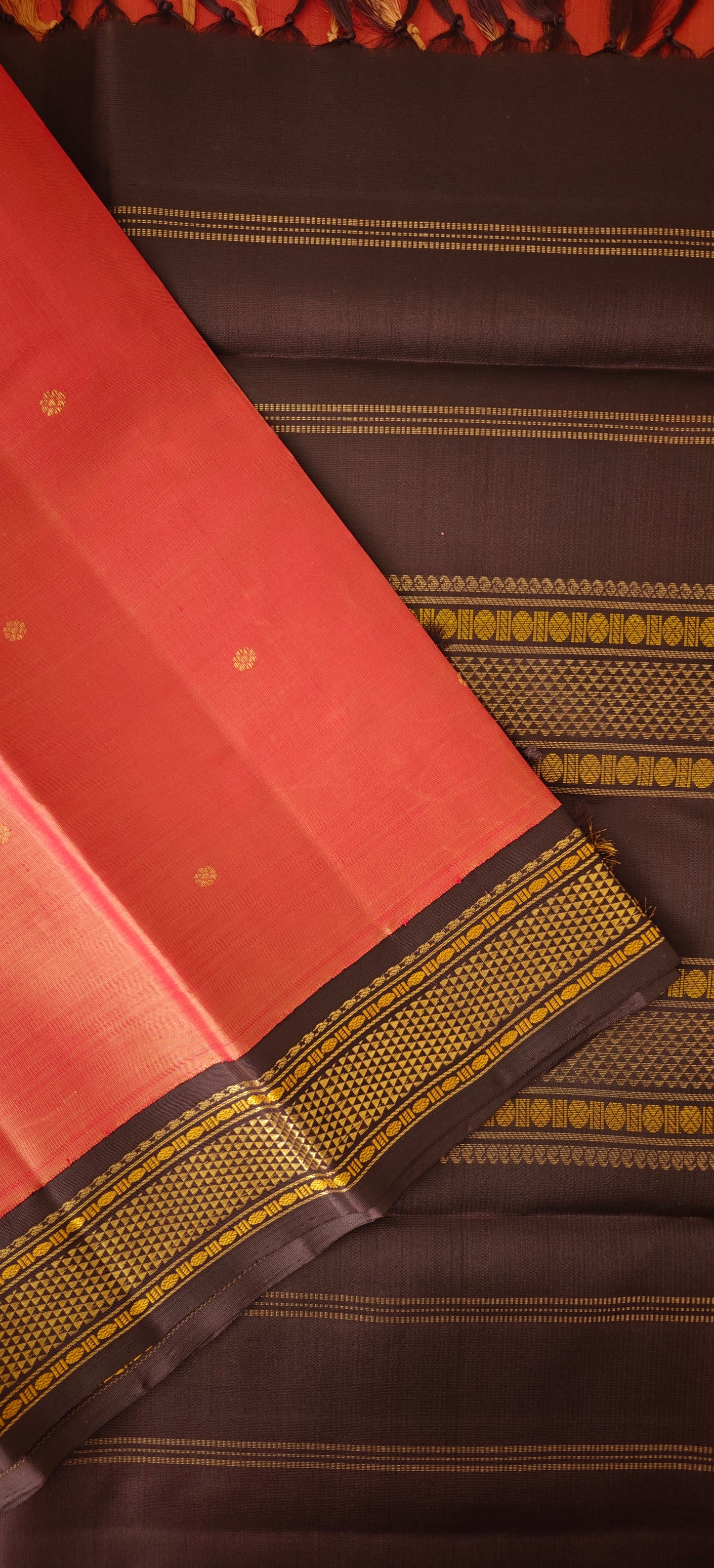 Coral Peach and Dark Brown Kanjivaram Saree | 3-gram Zari