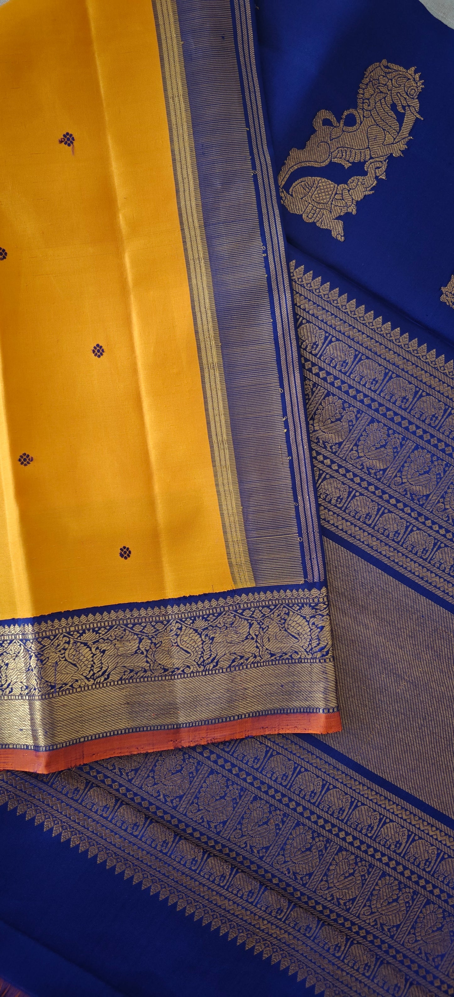 Mustard Yellow and Blue Kanjivaram silk saree