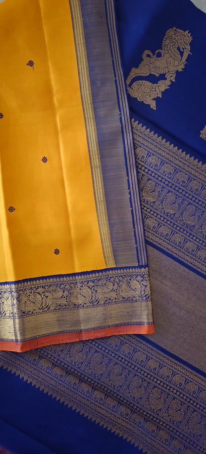 Mustard Yellow and Blue Kanjivaram silk saree