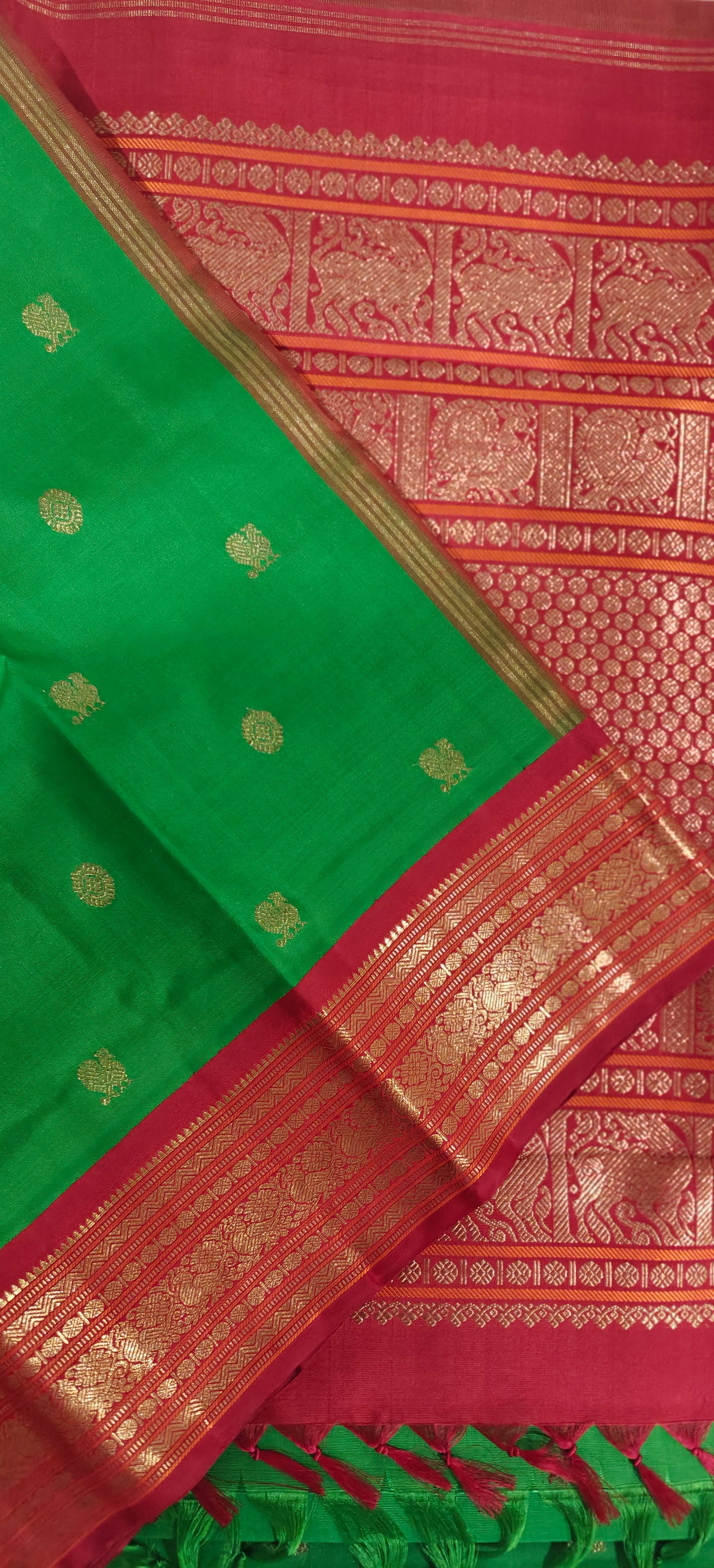 Parrot Green and Red Kanjivaram Saree | 3-gram Zari