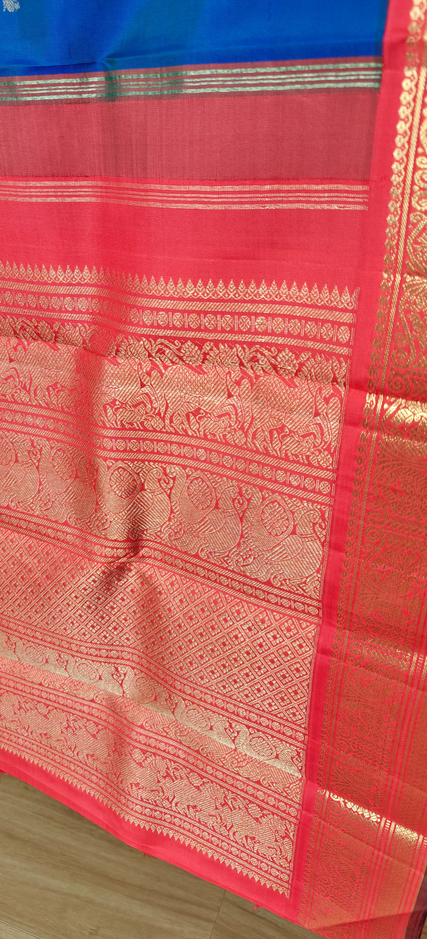 Peacock blue with Red Kanjeevaram silk saree