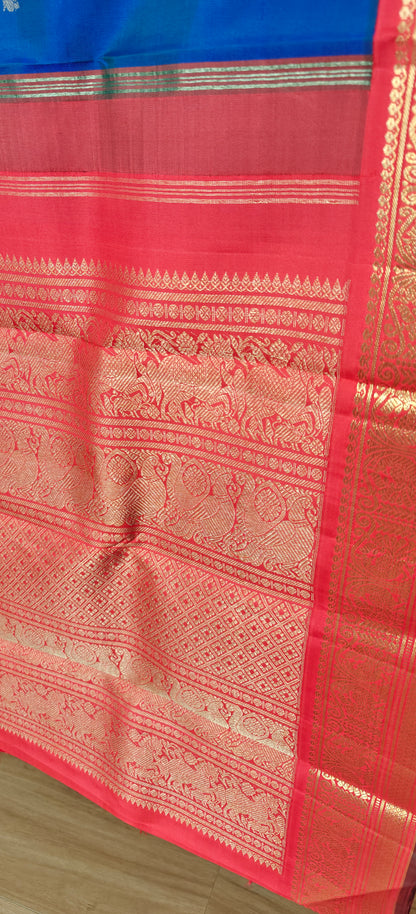 Peacock blue with Red Kanjeevaram silk saree