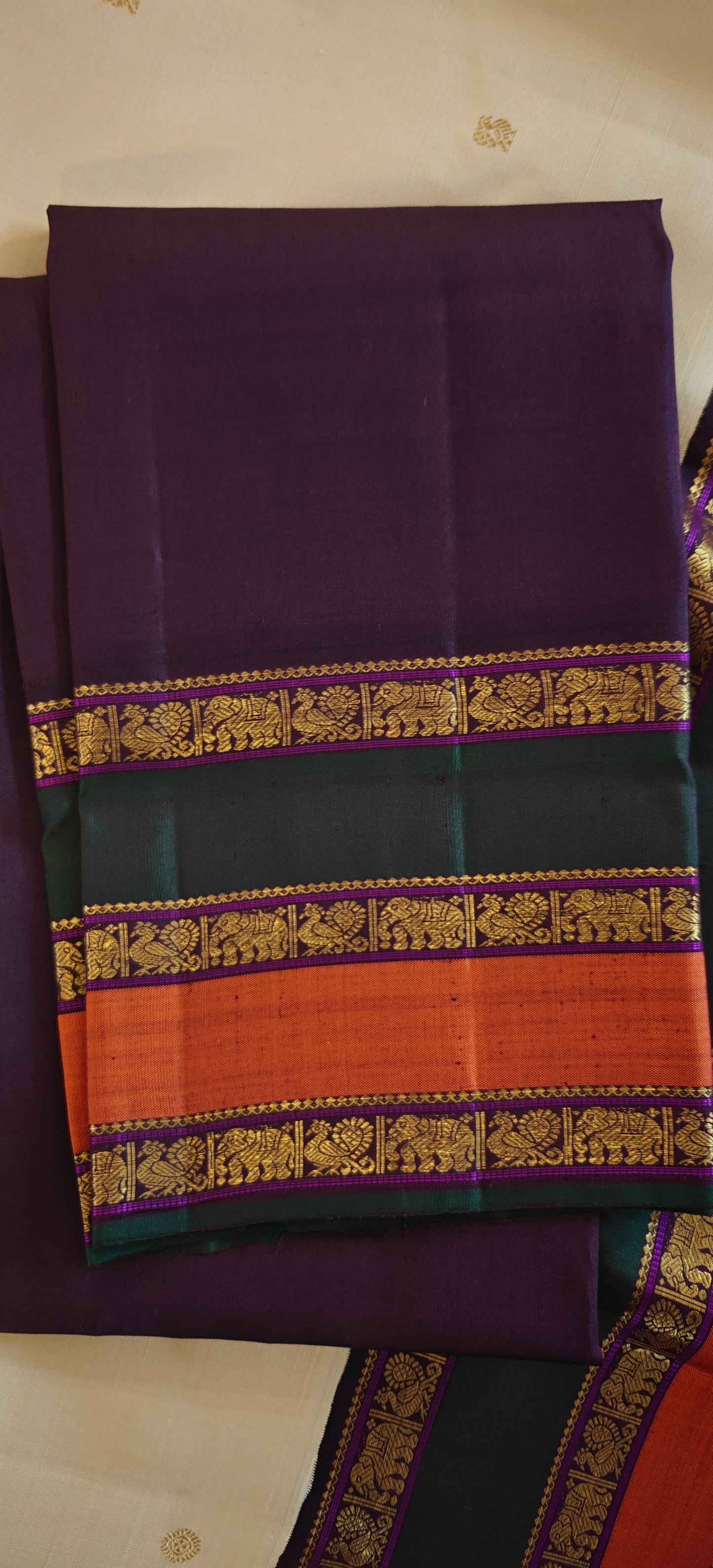 Sandal Color with green and rust Korvai kanjivaram