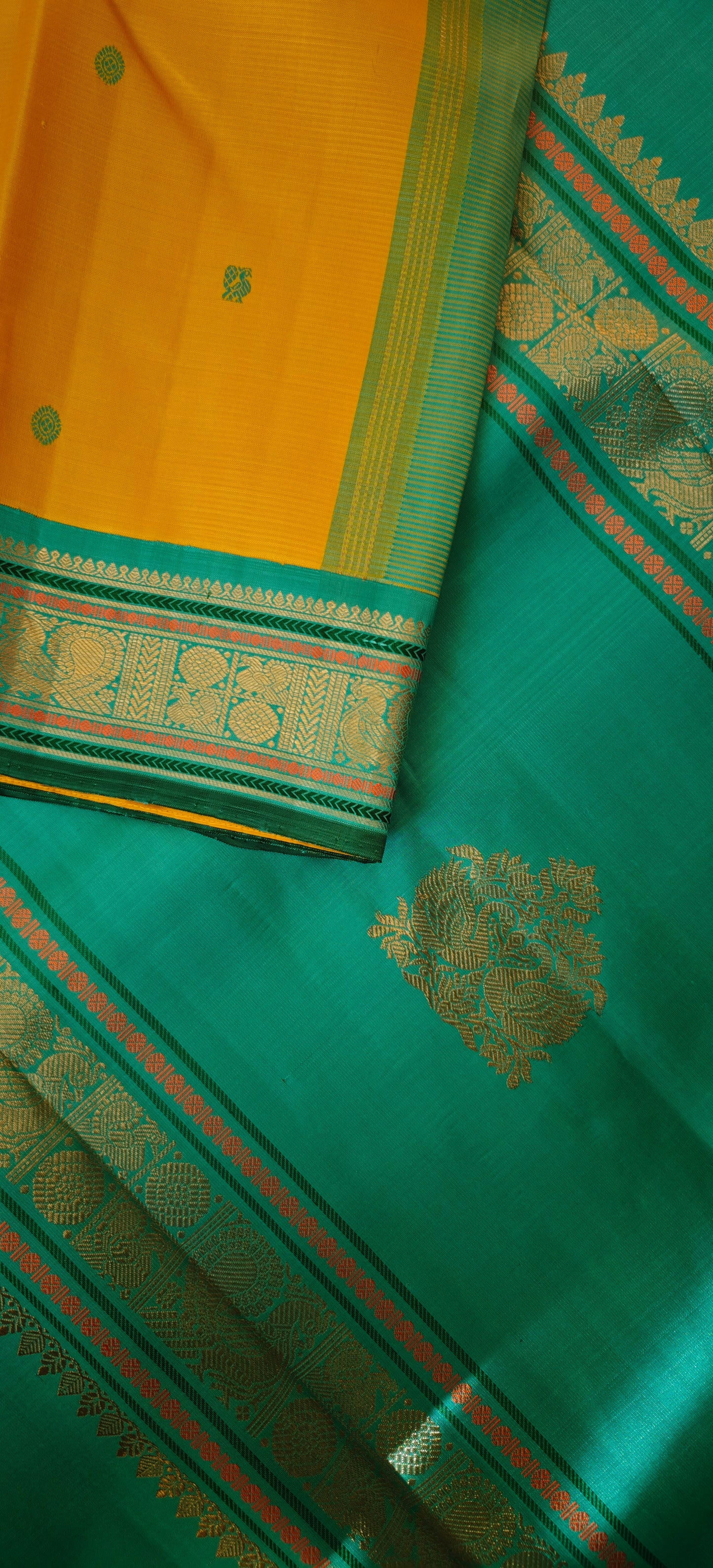 Yellow and Teal blue kanjivaram silk saree