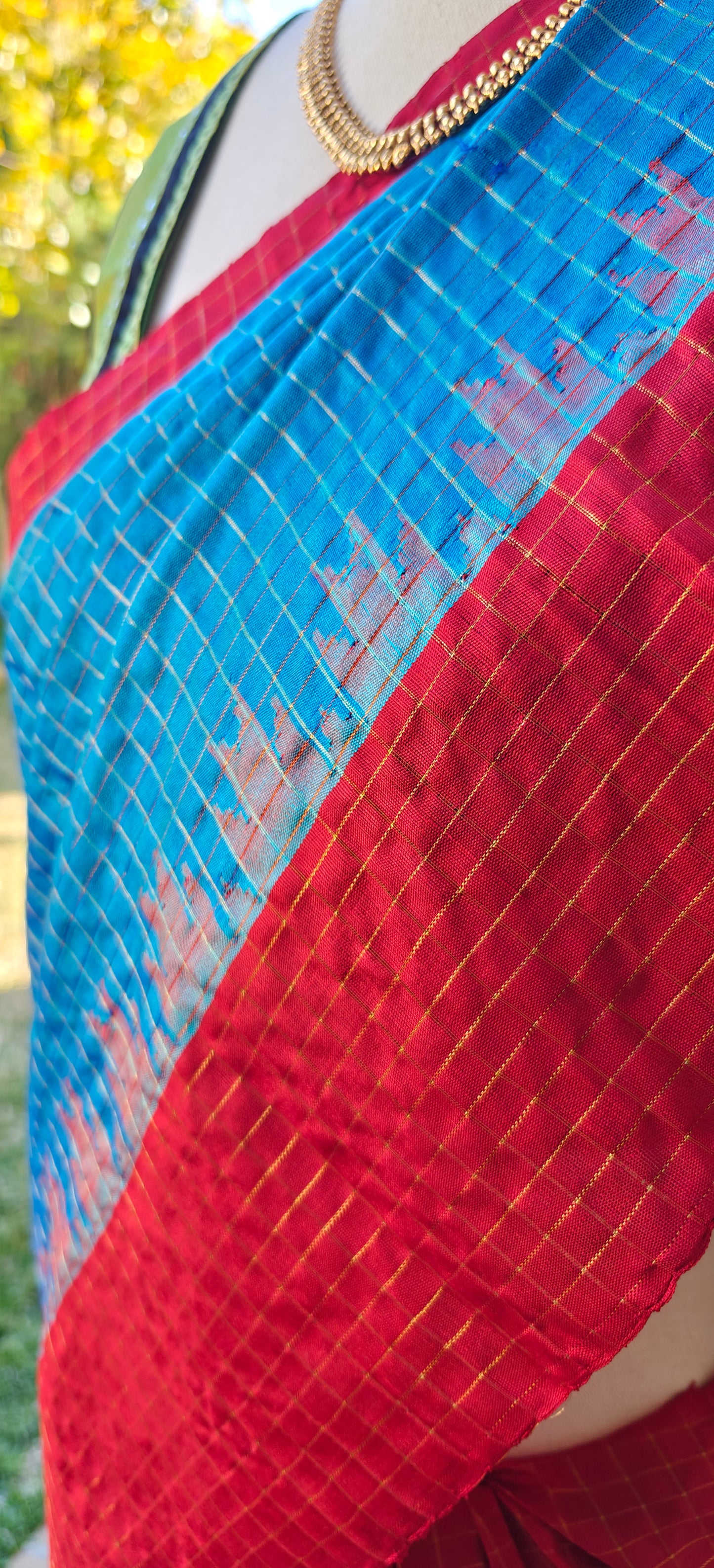 Blue and Red zari checks Gadwal Silk Saree