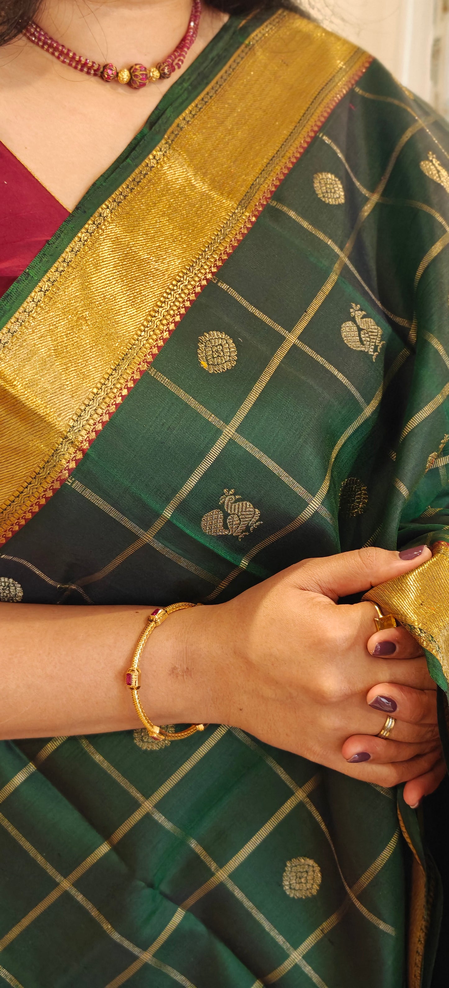Bottle green and maroon kanjivaram silk saree