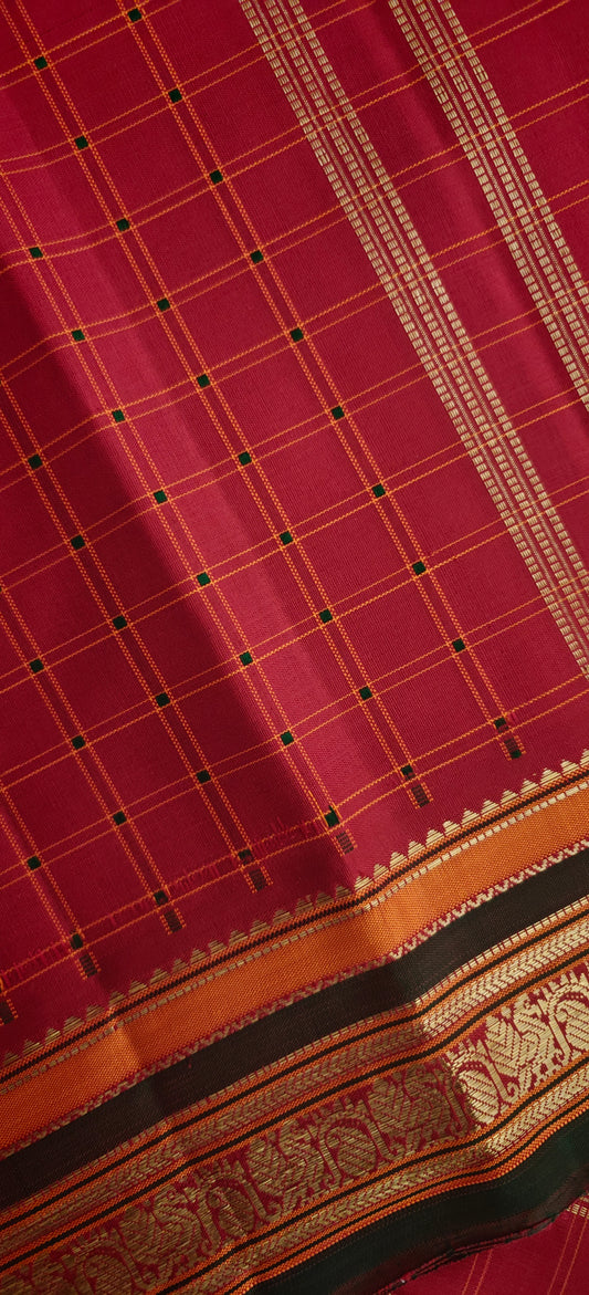 Dark Red with Orange and Green pallu - Kanjivaram silk saree