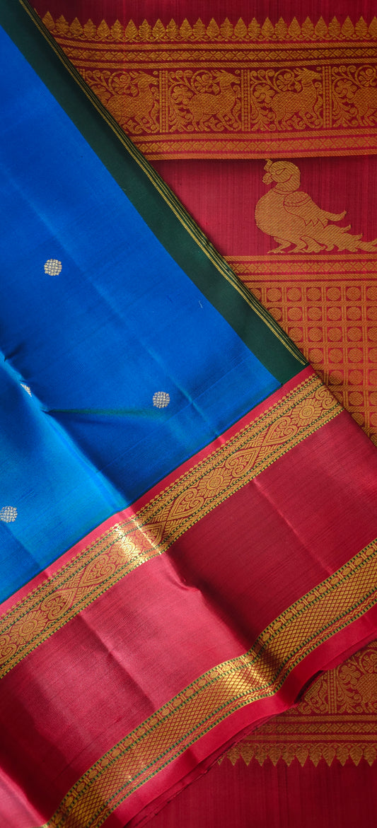 Peacock blue and maroon kanjivaram silk saree