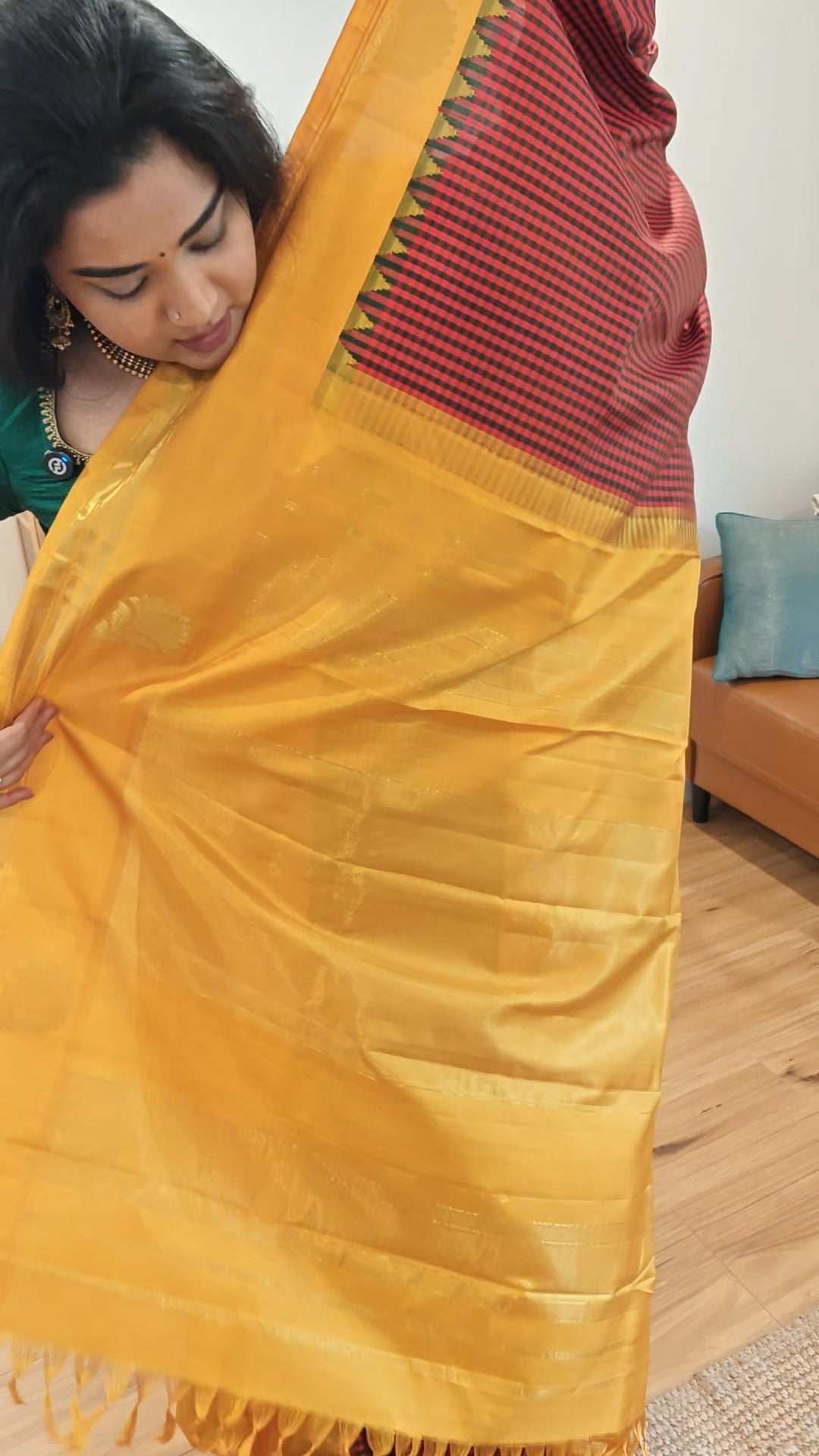Red and Green with yellow Handwoven Gadwal Silk Sari