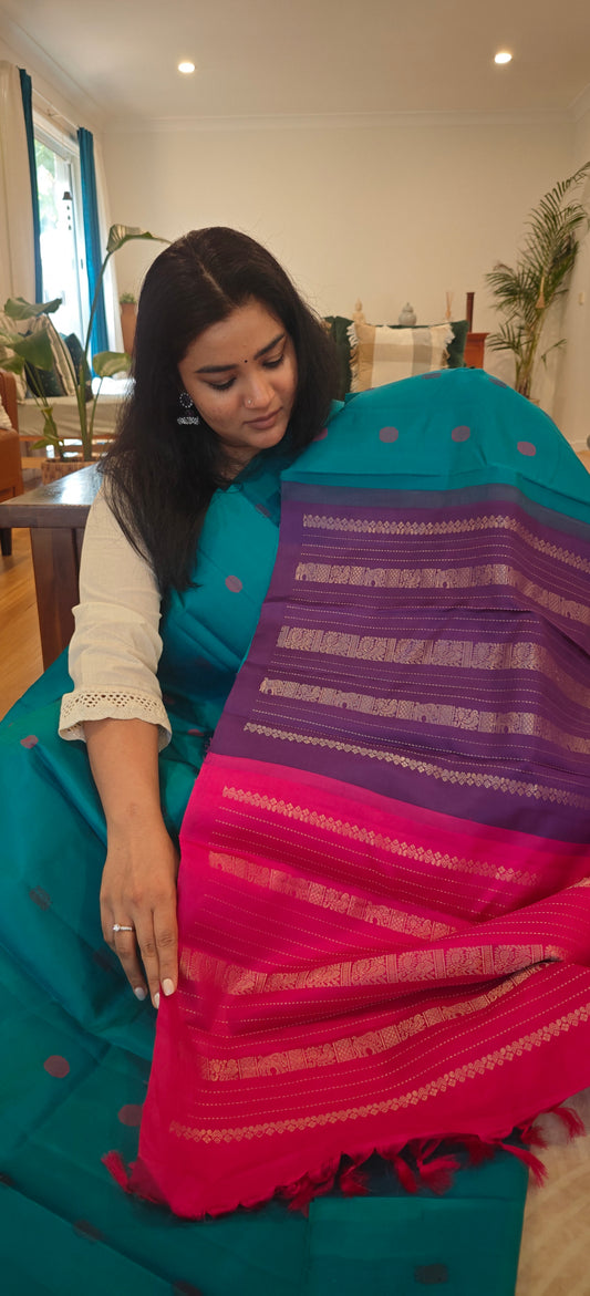 Copper sulphate blue double pallu kanjivaram silk saree