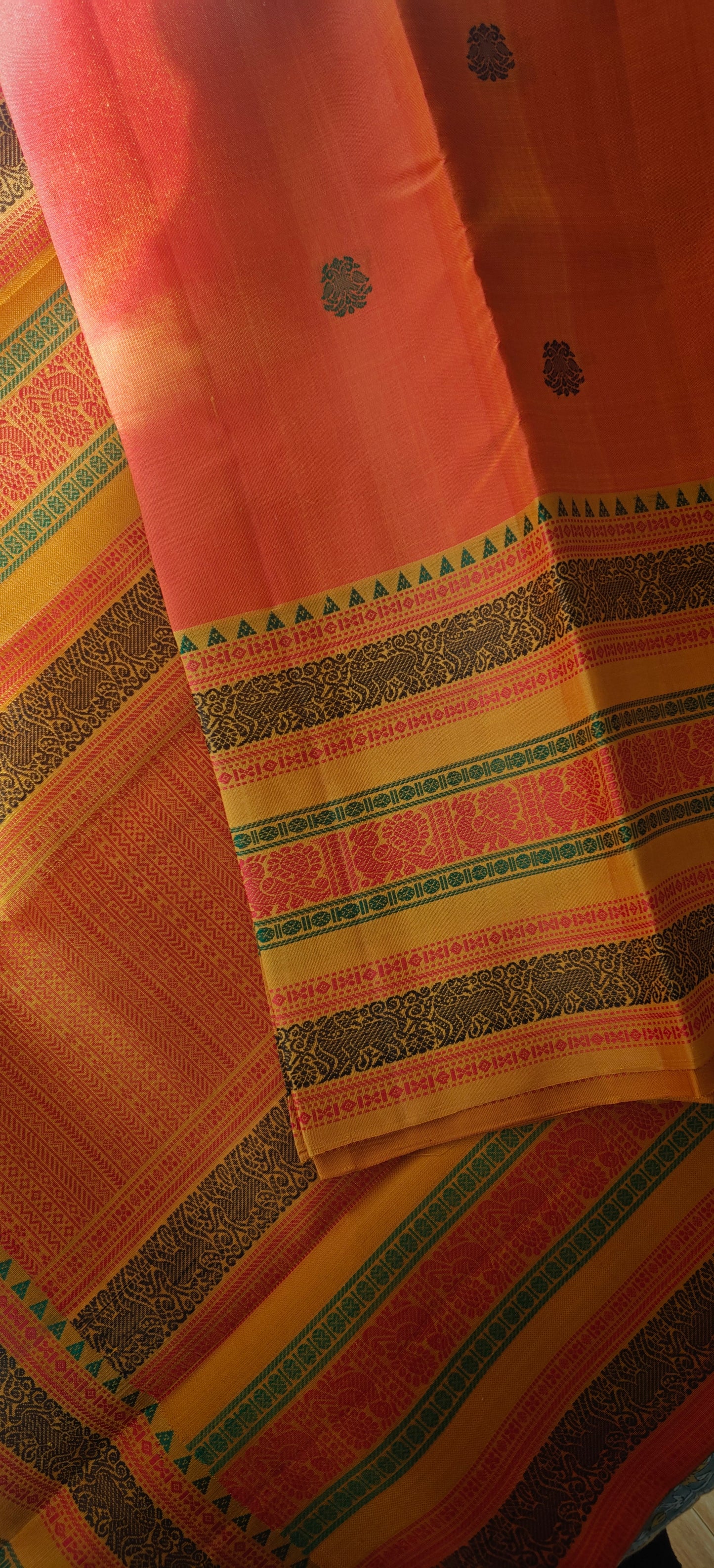Marigold Orange and Yellow No Zari Handwoven Kanjivaram