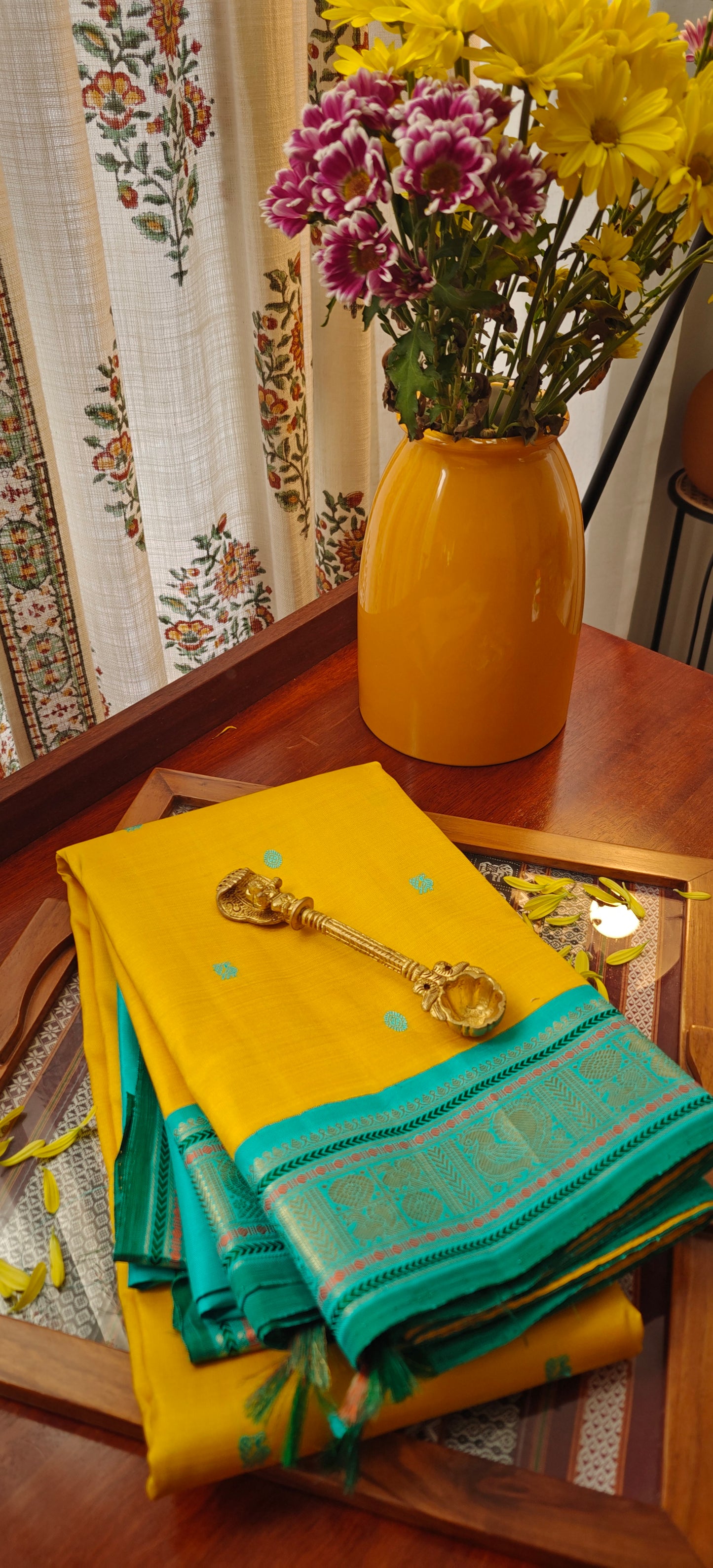 Yellow and Teal blue kanjivaram silk saree