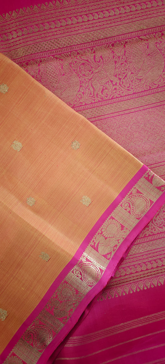 Kesar Orange and Rani Pink Handwoven Kanjivaram Silk Sari