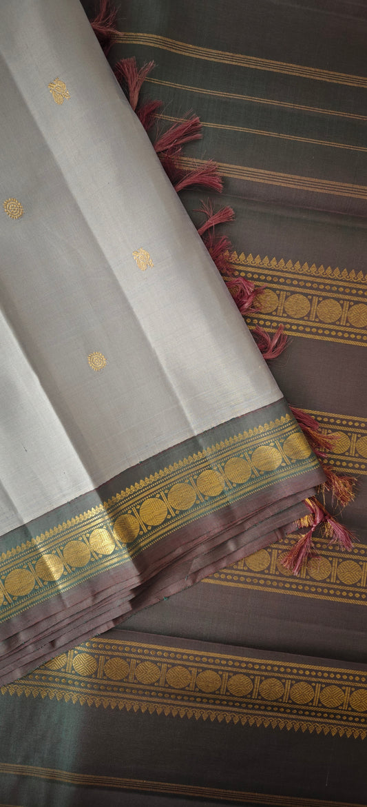 Grey and Green Kanjivaram Saree | 3-gram Zari