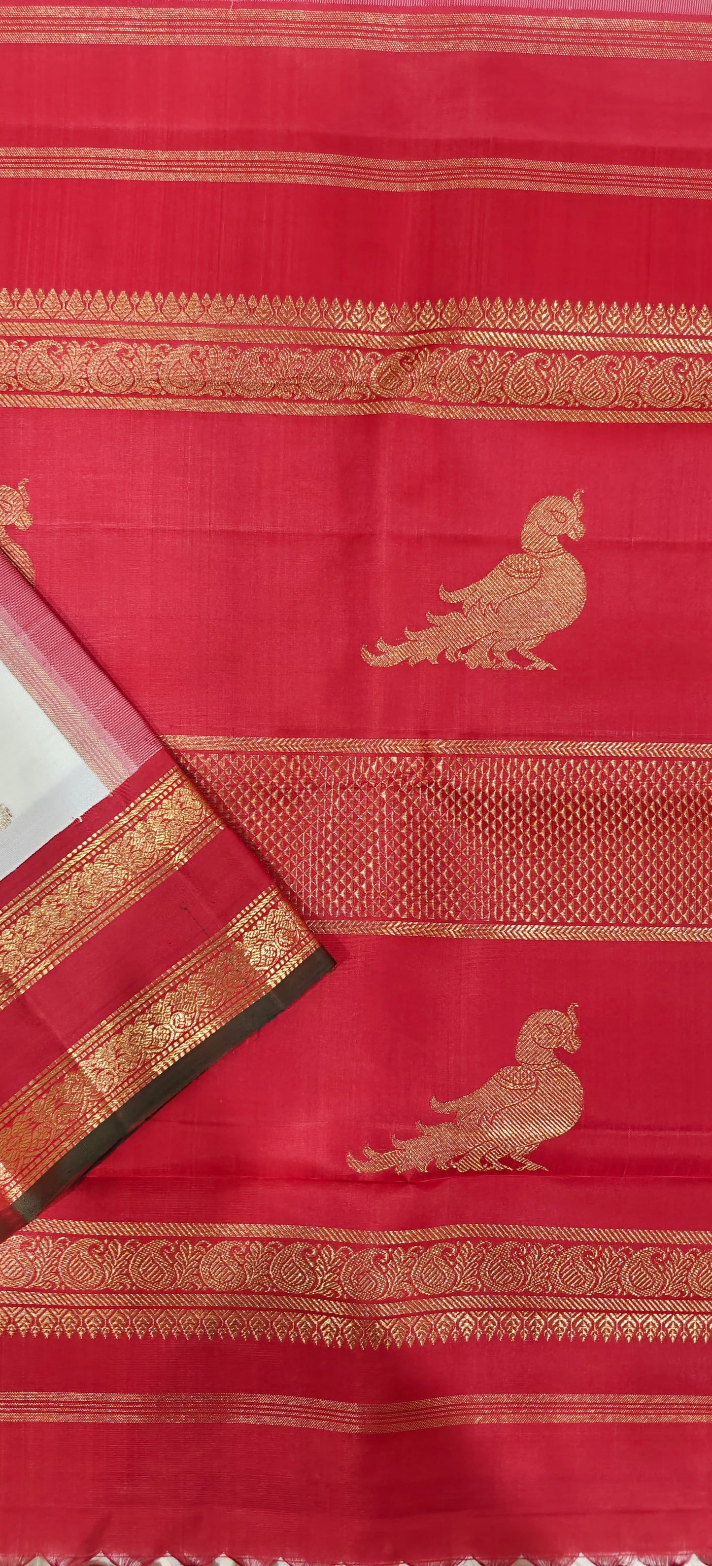 Off White and Red Kanjivaram silk saree