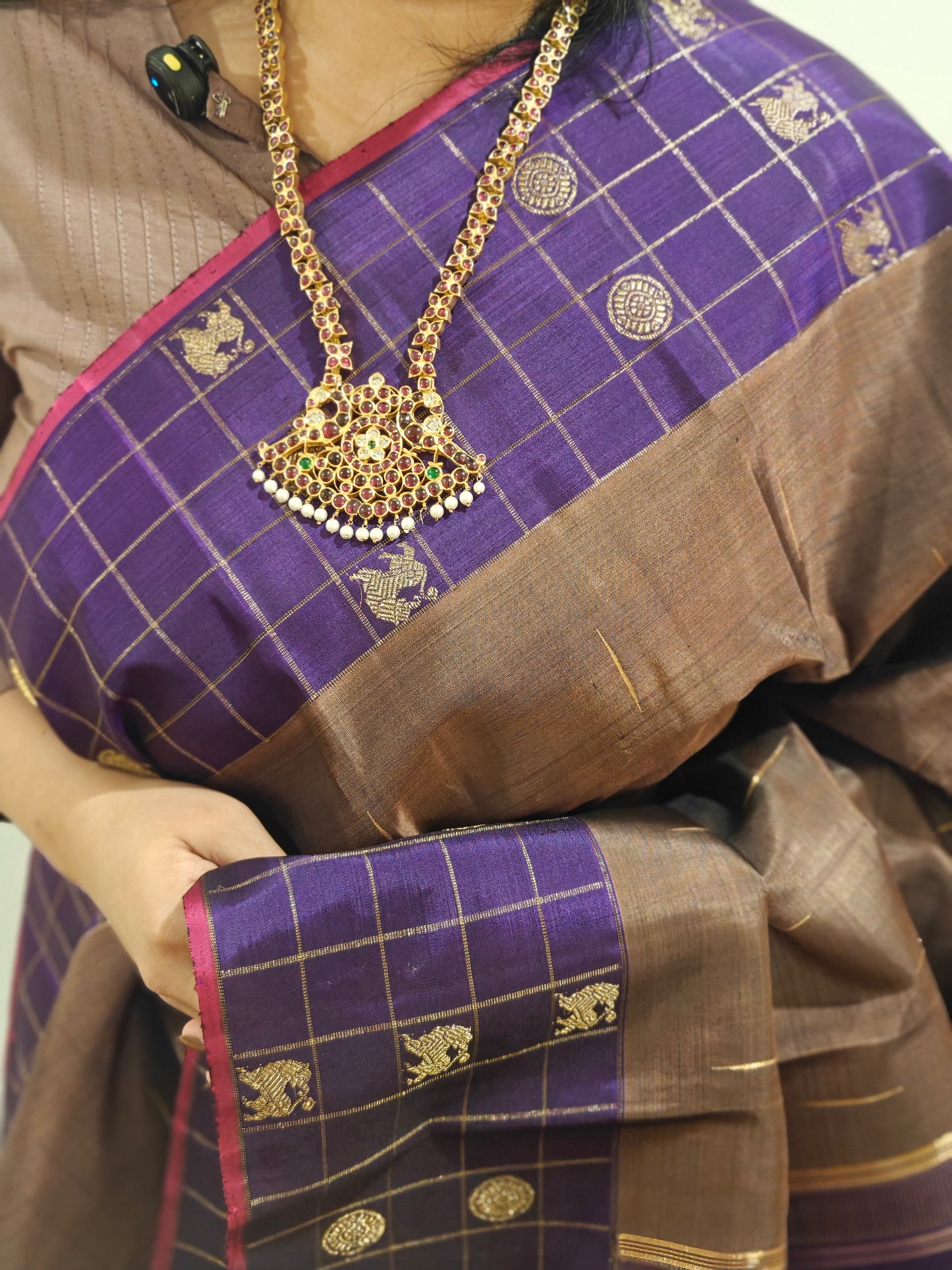Brown and Violet kanjivaram silk saree