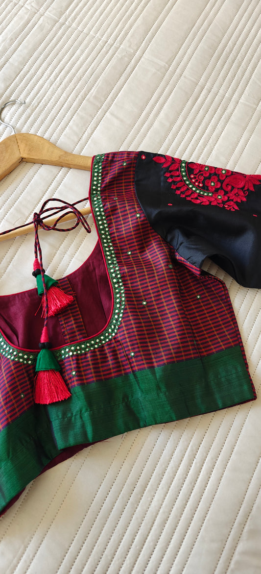 Dark Maroon and Black Silk- Blouse