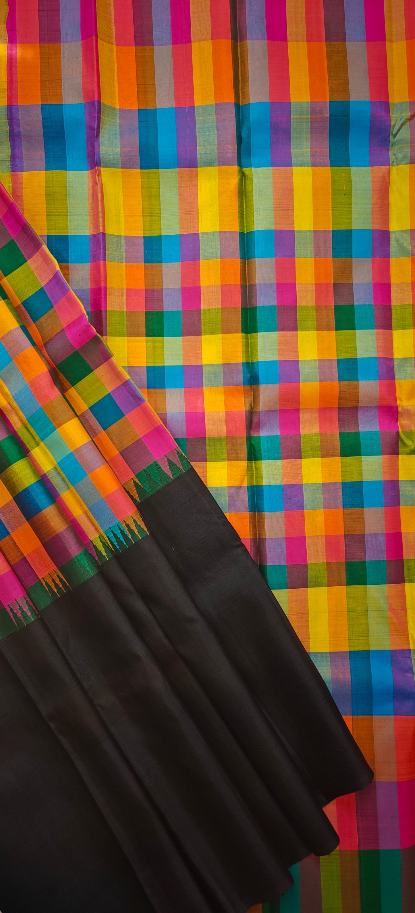 Black and multi colour checks kanjivaram silk saree