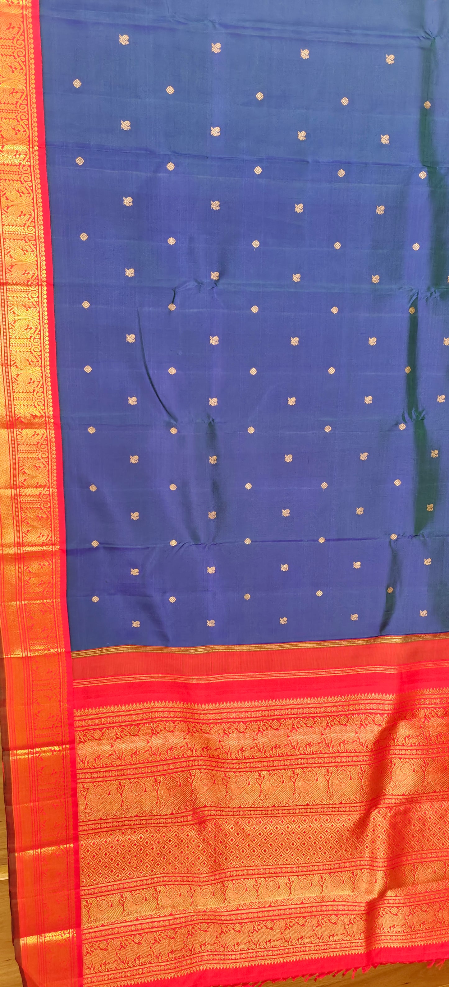 Peacock blue with Red Kanjeevaram silk saree
