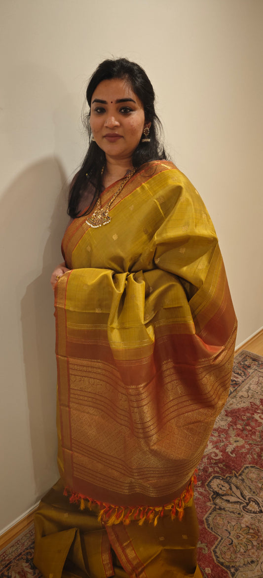 Mehandi Green and Coral Orange kanjivaram silk saree