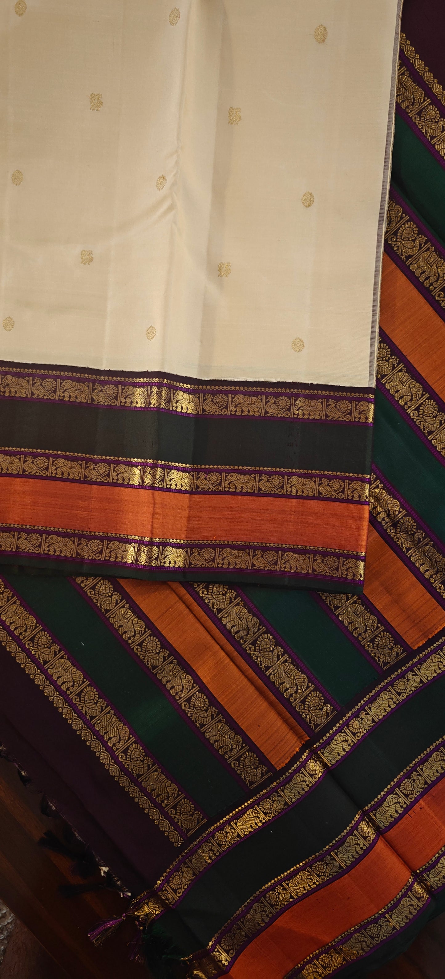 Sandal Color with green and rust Korvai kanjivaram