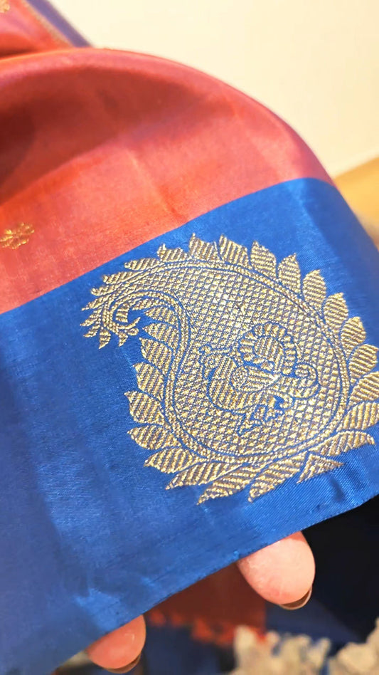 Rust and Sapphire Blue Kanjivaram Silk Sari