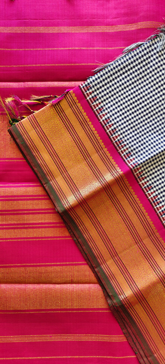 Dark blue and white micro check  with pink-Kanjivaram Silk Saree