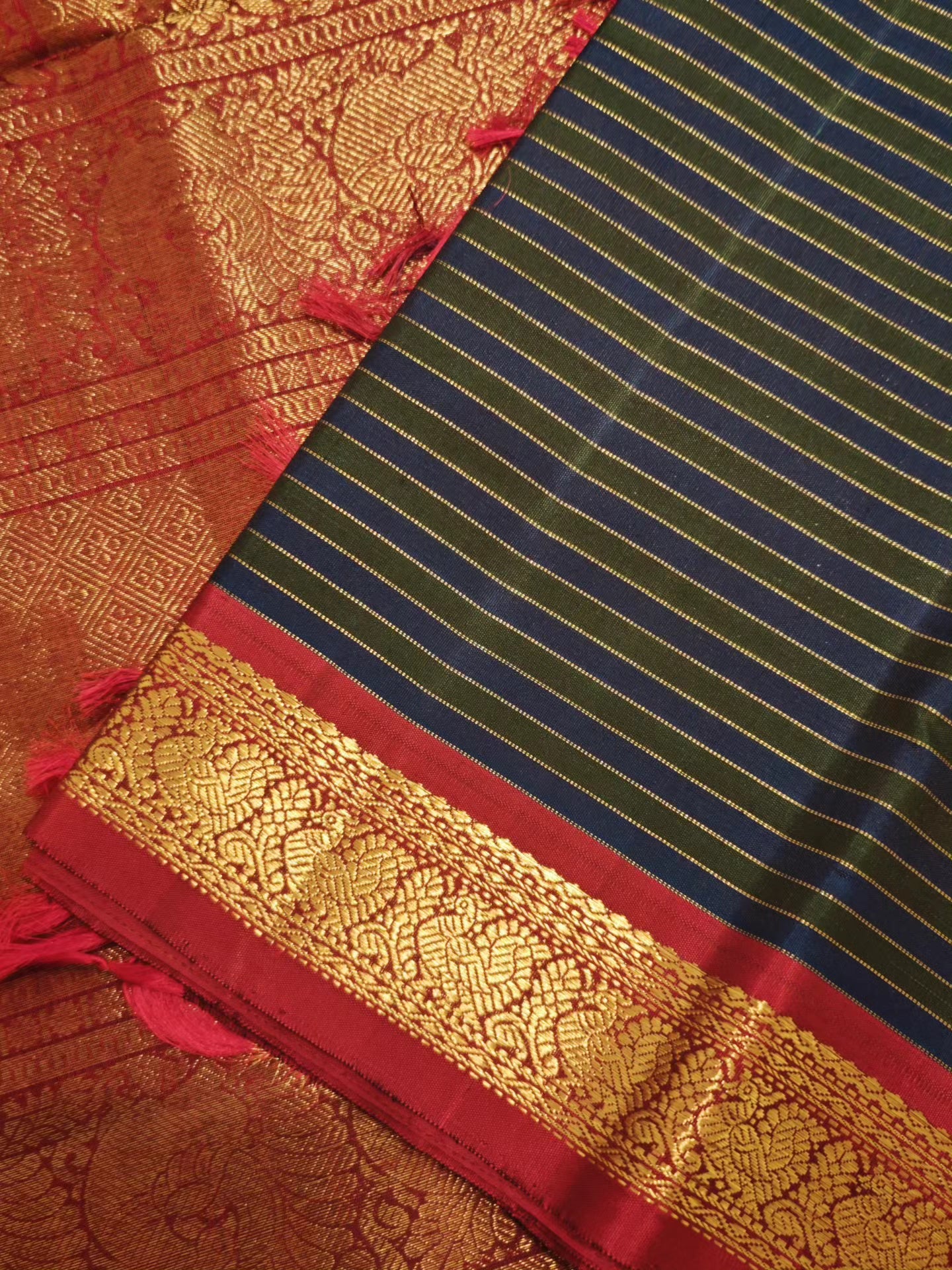 Green and Blue stripes kanjivaram silk saree