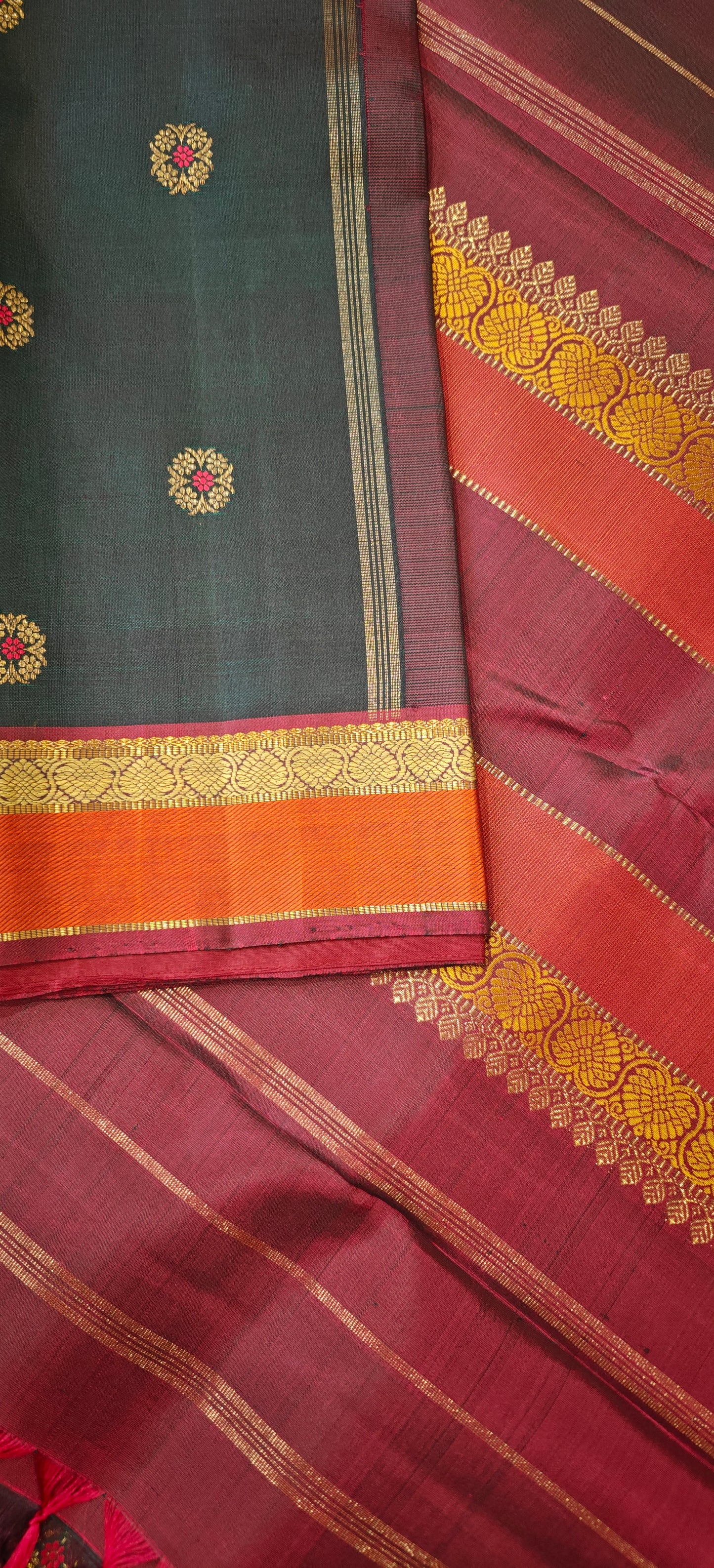 Deep Green a Maroon Meenakari Handwoven Kanjivaram