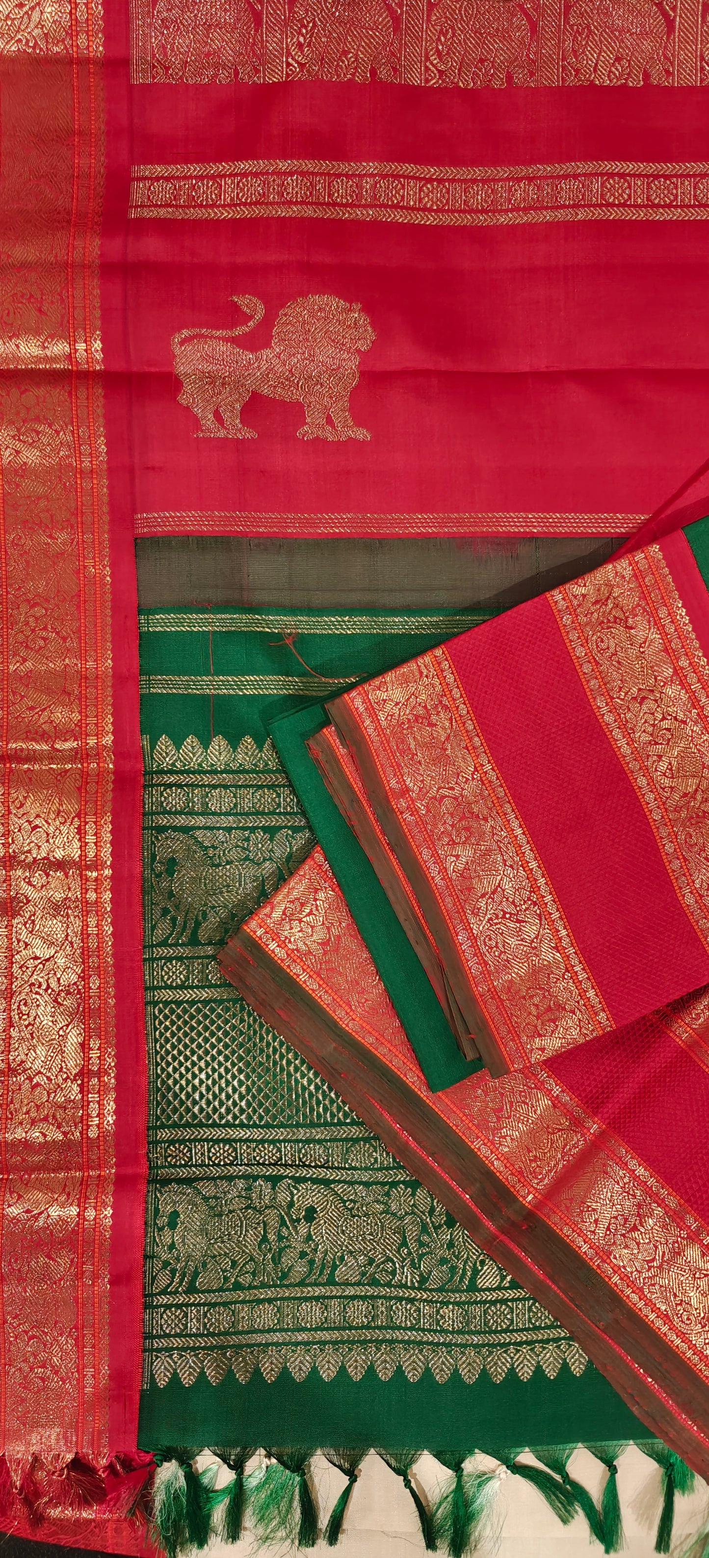 Cream with green and red kanjivaram silk saree