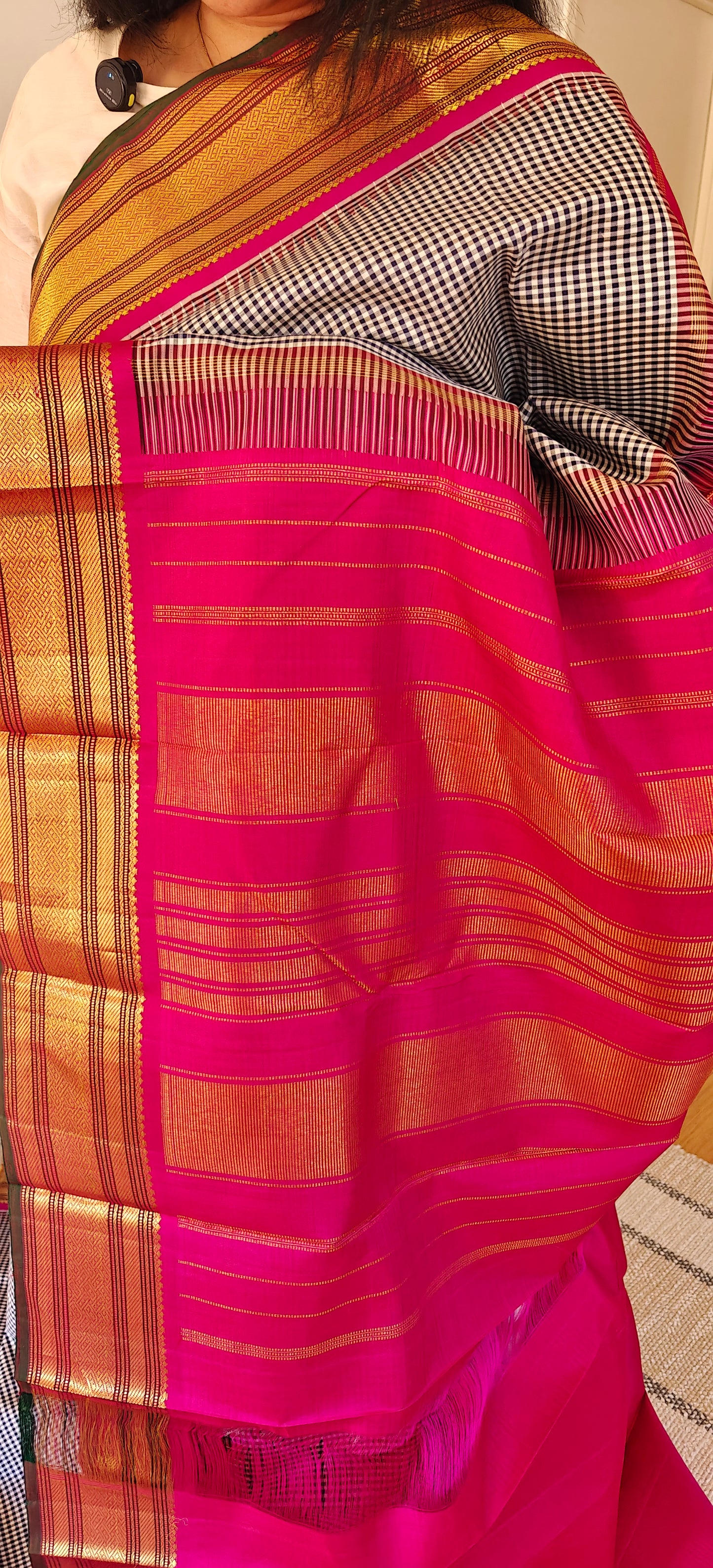 Dark blue and white micro check  with pink-Kanjivaram Silk Saree