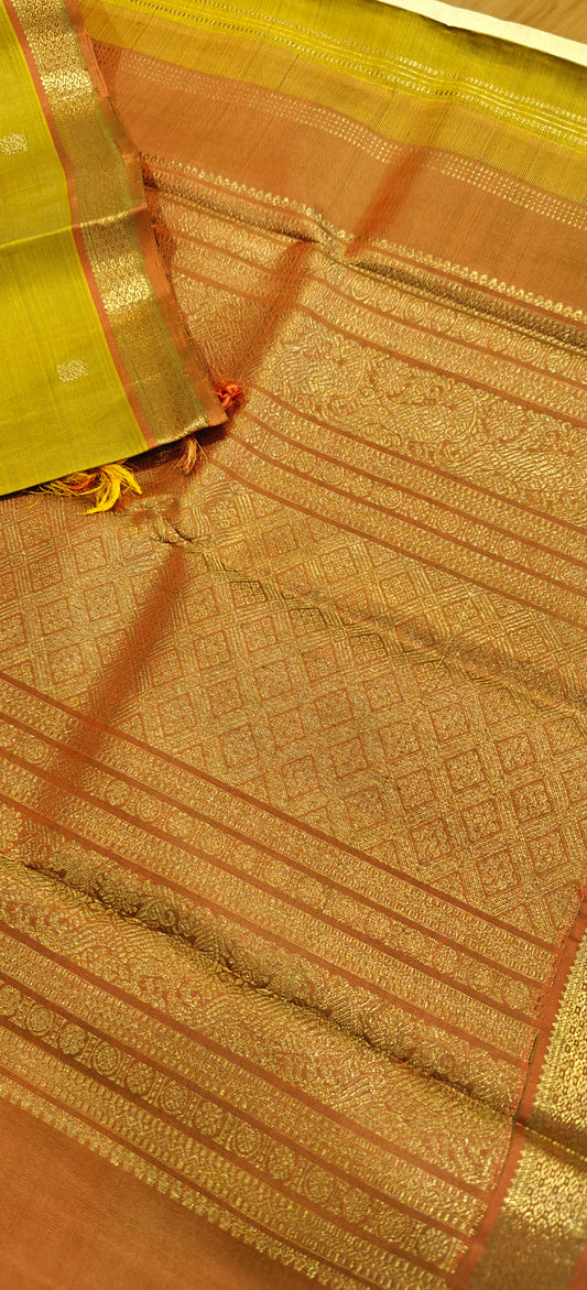 Mehandi Green and Coral Handwoven Kanjivaram Silk Sari