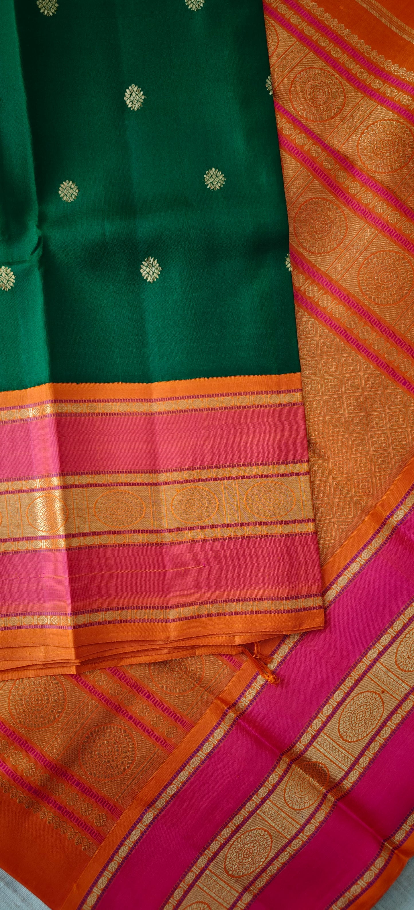Green and Rani Pink  with Orange Kanjivaram Saree | 3-gram Zari