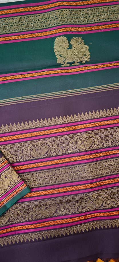 Mustard ,Green and Brown double  pallu Kanjivaram silk saree