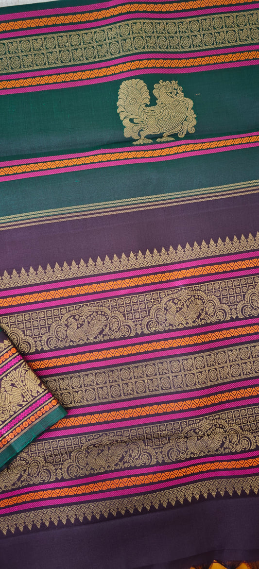 Mustard ,Green and Brown double  pallu Kanjivaram silk saree