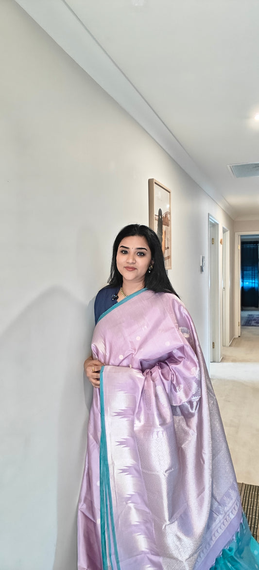 Lavender Teal and Silver -Gadwal Silk Sari