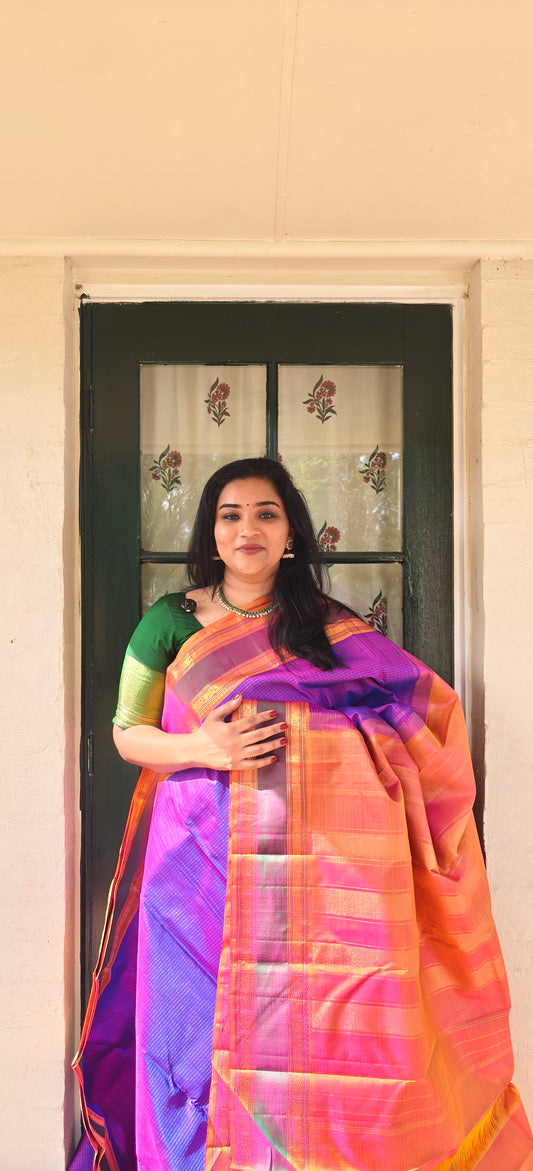 Purple and Peach(Mustard) - Kanjivaram Silk Saree