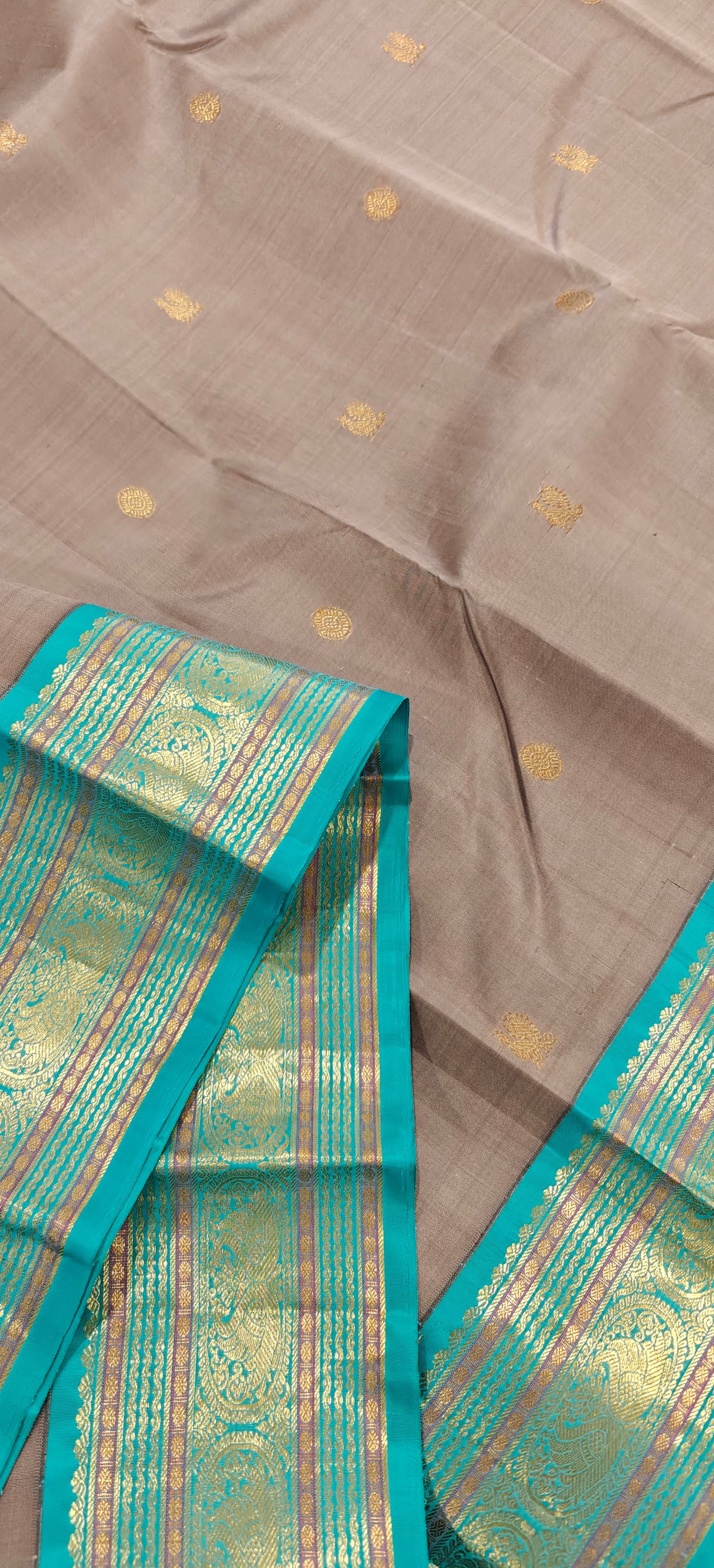 Grey and Turquoise Kanjivaram Silk Sari